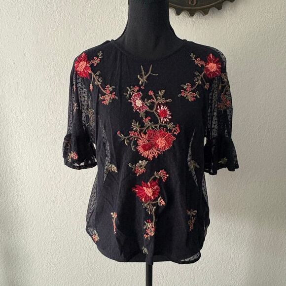 MAEVE by ANTHROPOLOGY A-Line Embroidered Mesh Floral Tunic Blk SzS Dark Witchy - Picture 2 of 10
